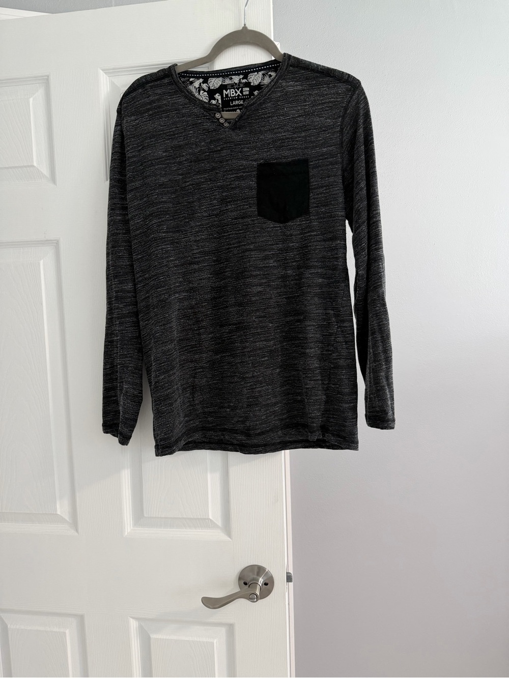Men's V-Neck Long-Sleeve Sweater with Chest Pocket - Charcoal